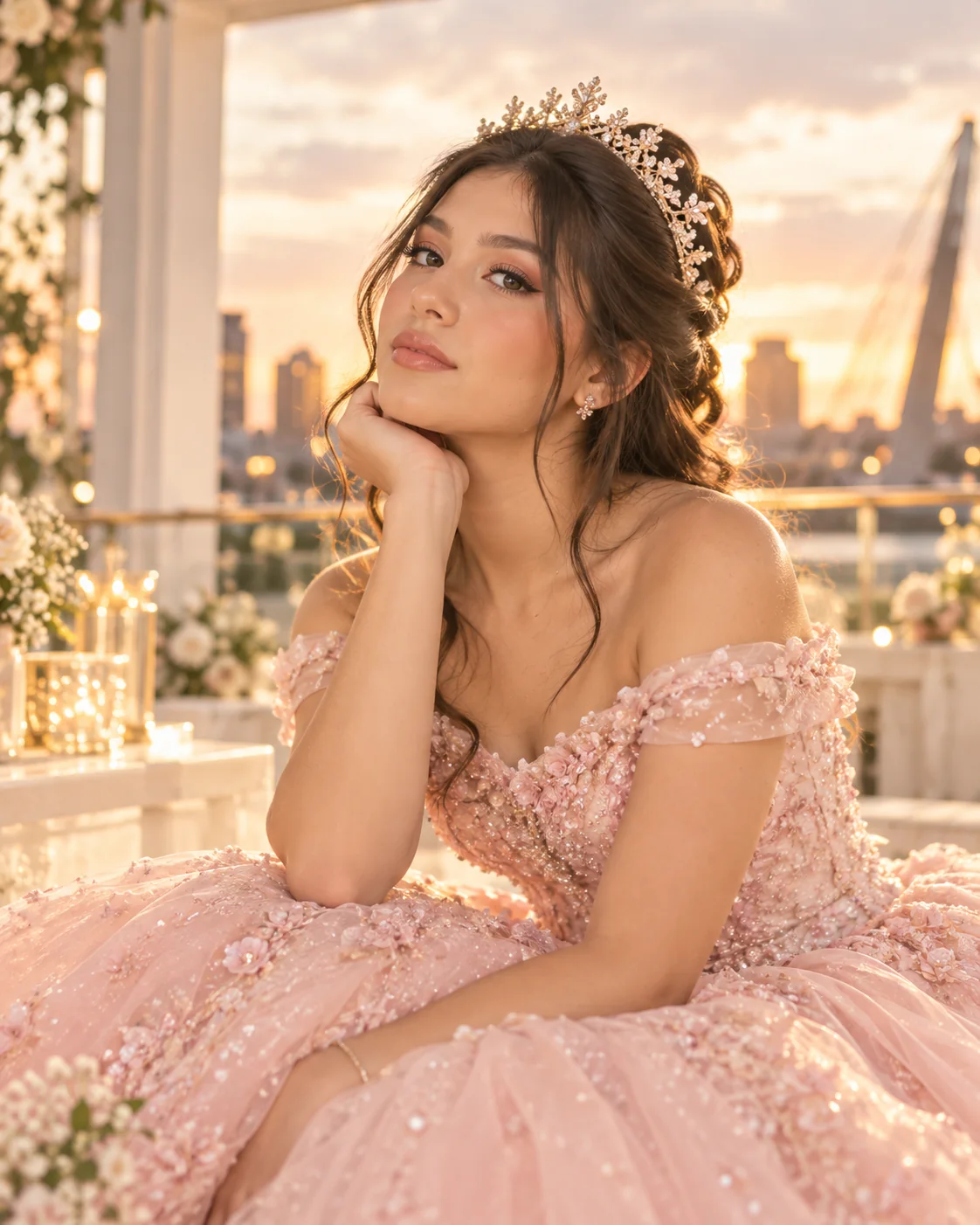 Quinceañera con vestido rosa pastel y tiara floral en una celebración