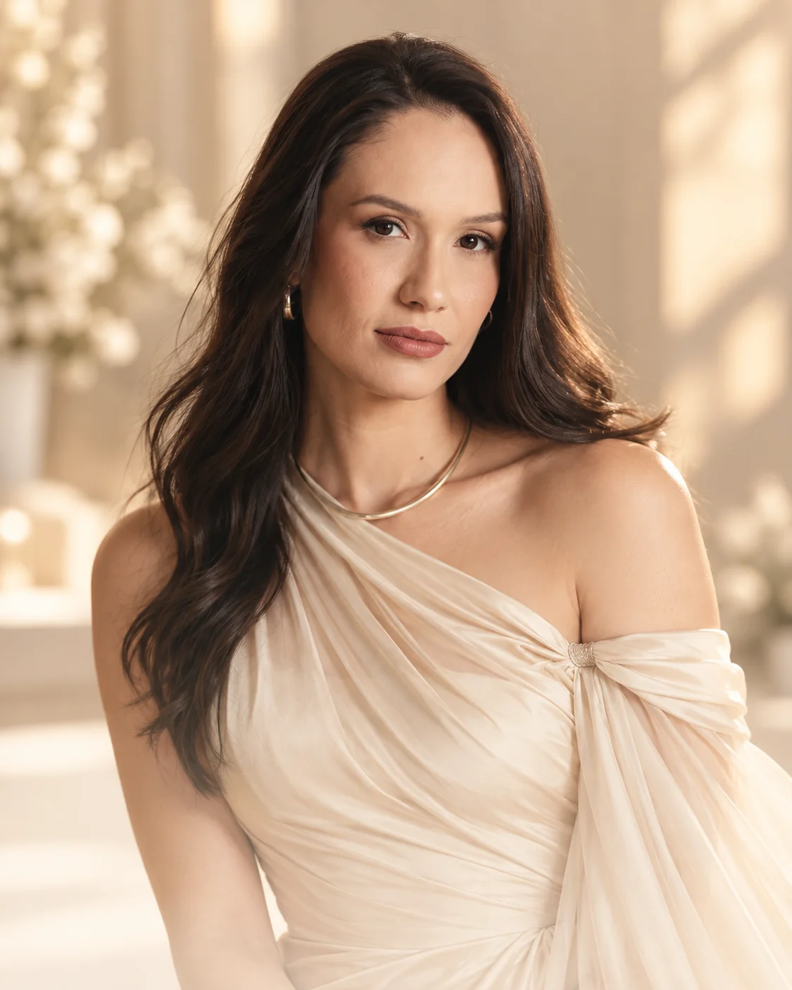 Madrina con vestido champagne y joyería dorada