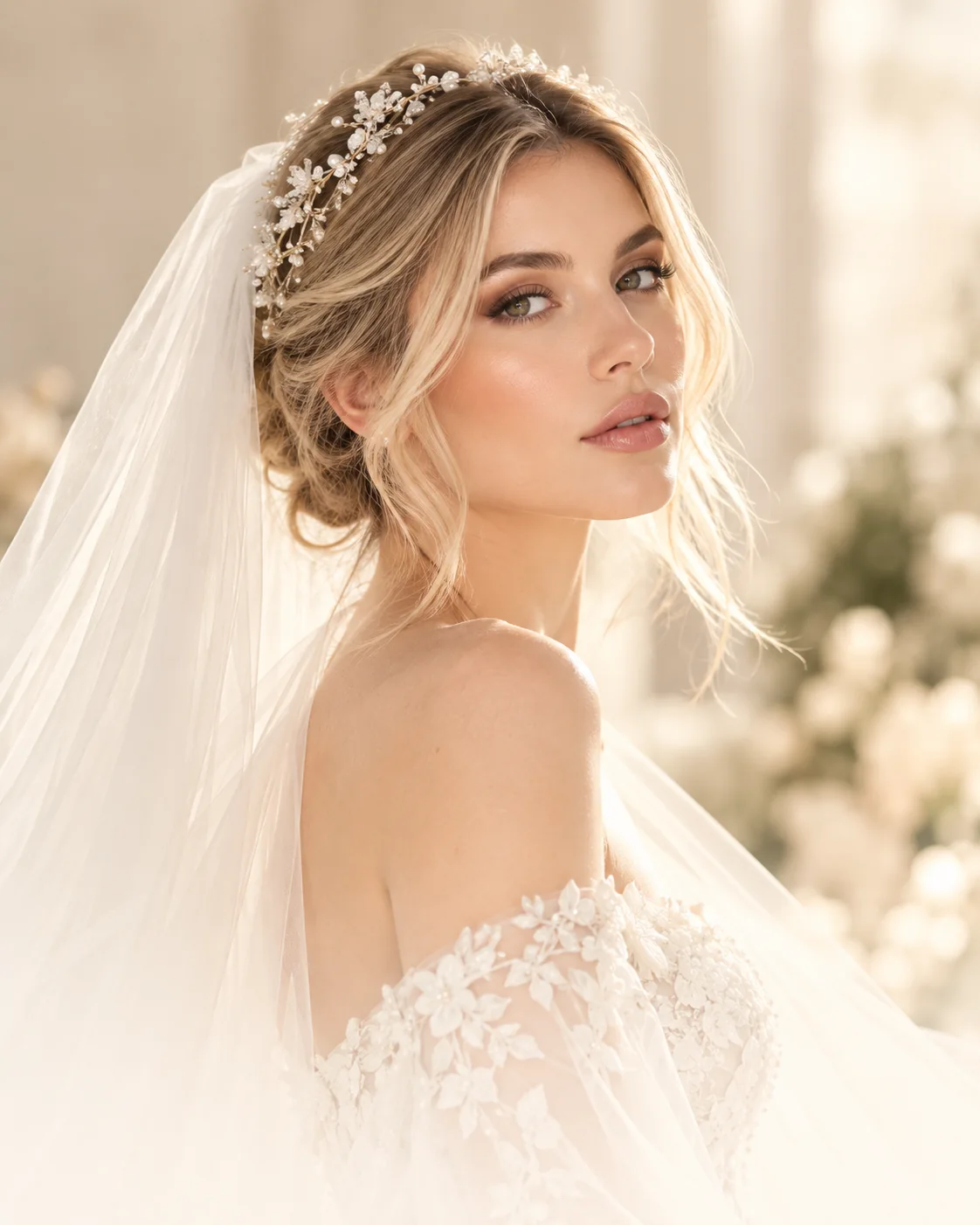 Novia rubia con tocado de cristales y perlas y velo nupcial